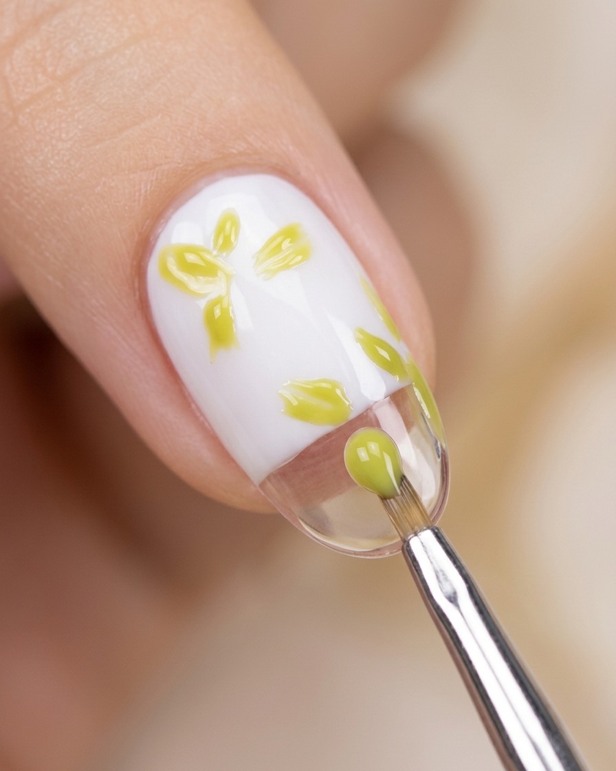 Der Nagel mit dem grünen Blattdesign wird unter einer Nagellampe zum Aushärten positioniert.