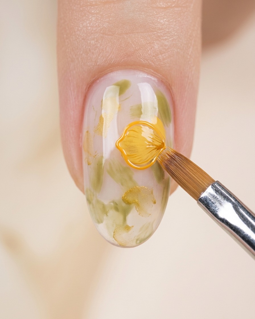 Nahaufnahme eines Nagels mit grünen Blattskizzen, bei dem ein Pinsel mit gelb-orangefarbenem Gel die Form von Blütenblättern malt.