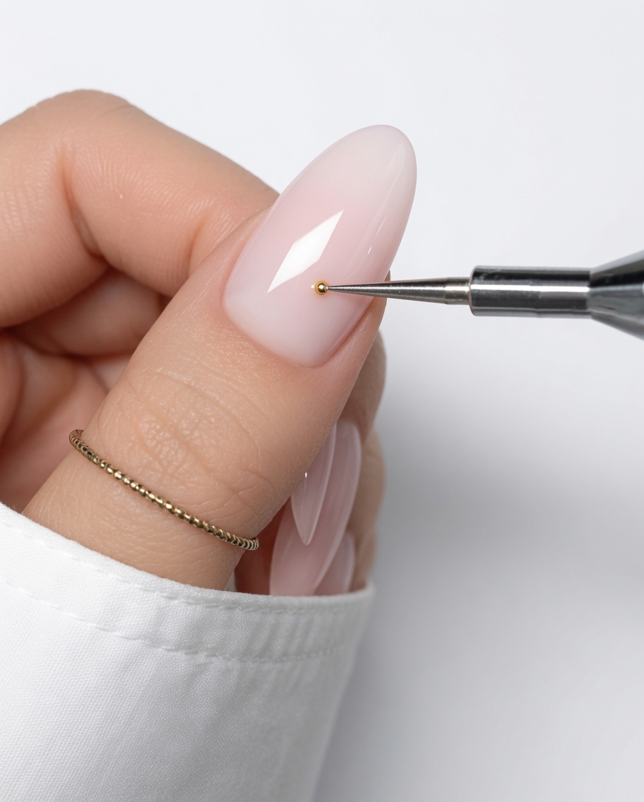 Nahaufnahme eines Dotting-Tools, das einen kleinen gelben Gelpunkt auf einen nudefarbenen Nagel setzt.