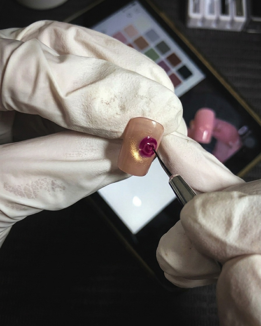 Ein Feinstrichpinsel fügt präzise magentafarbene Gel-Linien hinzu, um die Definition der Rosenblatt-Schichten zu erhöhen.
