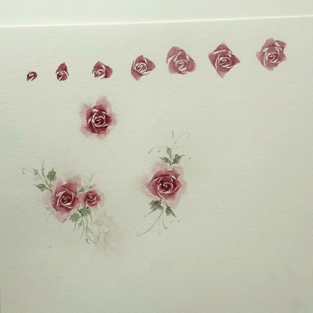 Ein Aquarellpinsel trägt einen kleinen, tiefrosa Halbmond auf weißem Untergrund auf.
