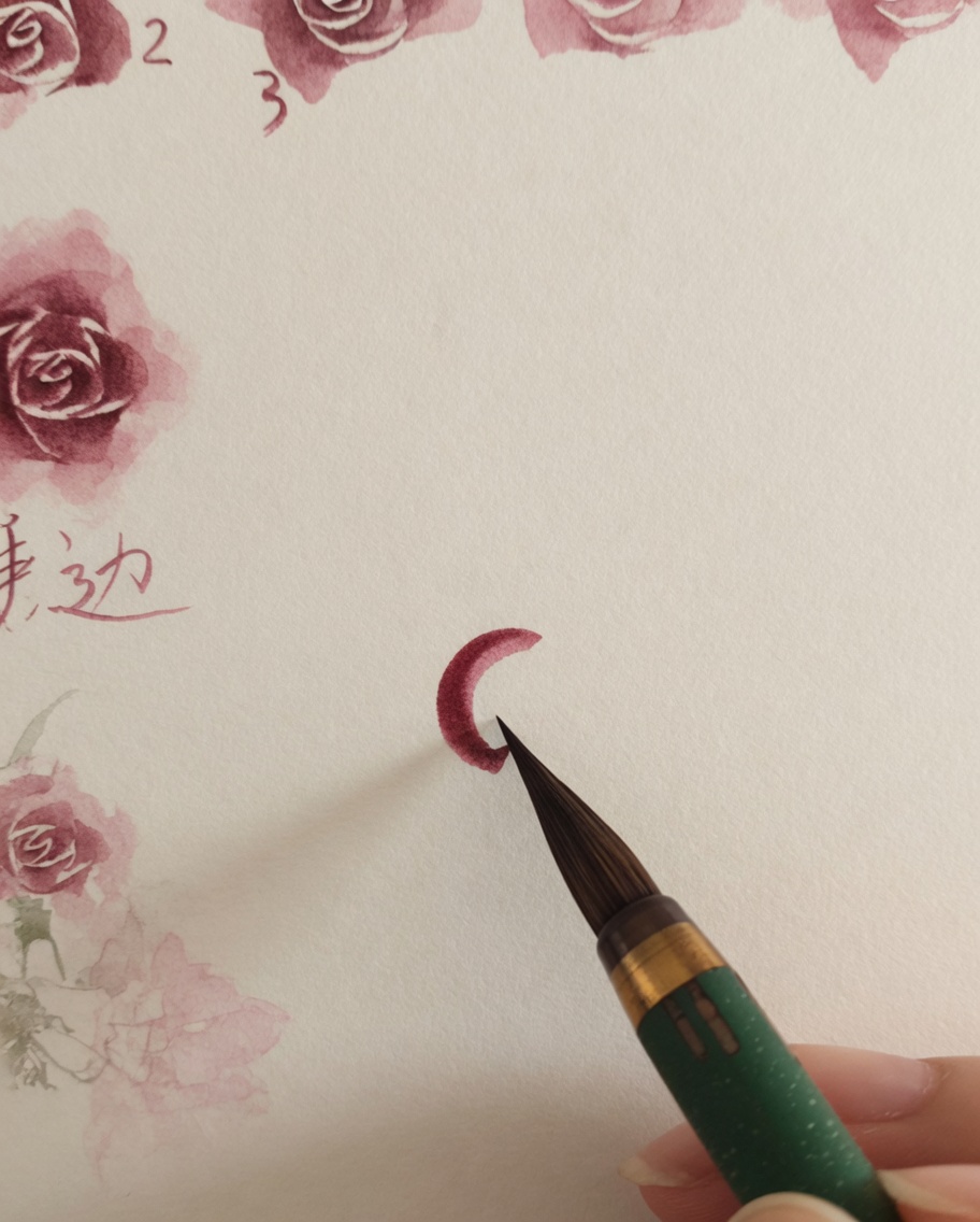 Ein Aquarellpinsel fügt kleine, dünne rosafarbene Striche um das zuvor gemalte Rosenzentrum hinzu.