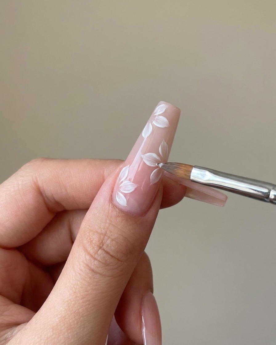 Ein feiner Liner-Pinsel fügt eine zweite Schicht weißer Gel-Blütenblätter über das bestehende matte Design hinzu.