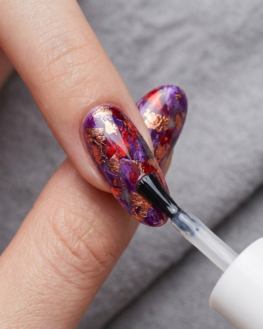 Ein Pinsel trägt einen klaren Hochglanz-Top-Coat über der fertigen Rot-Blau-Blooming-Gel-Art auf.