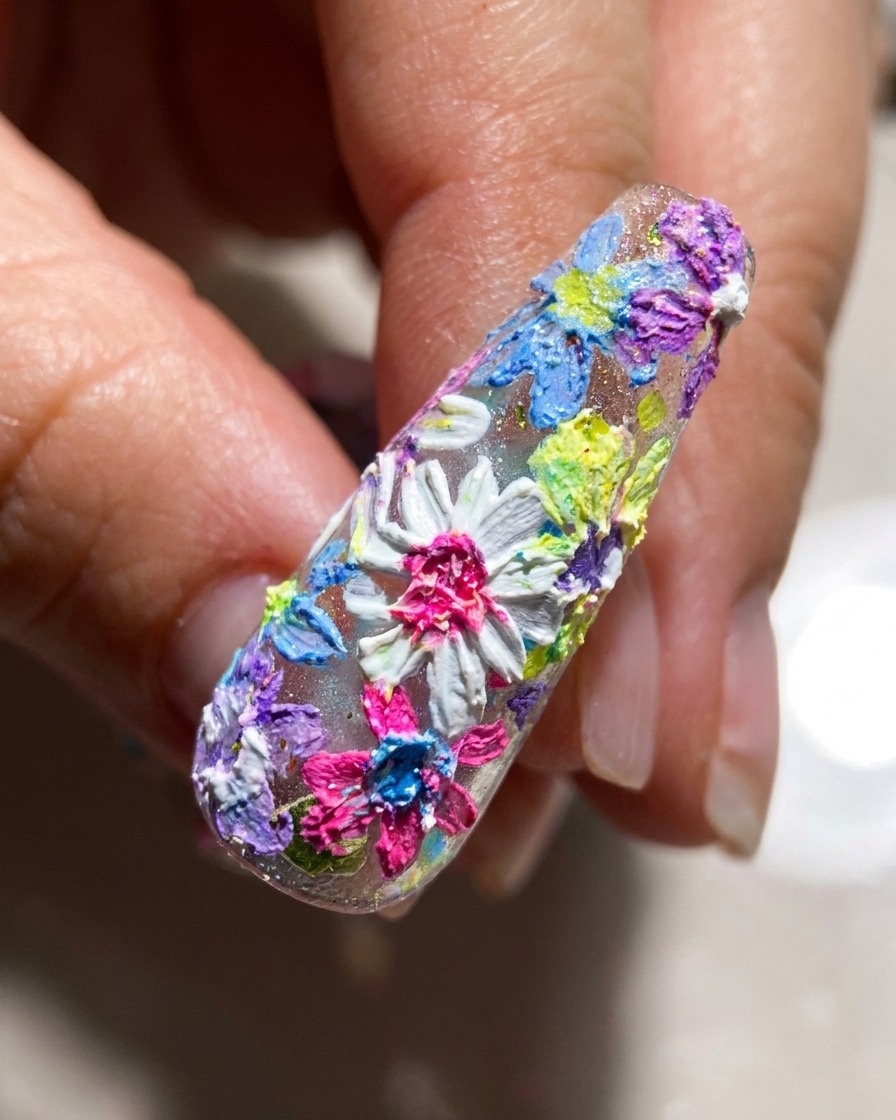 Nahaufnahme eines vollständig verzierten 3D-Blumen-Nageldesigns, fertig für die letzte Aushärtung.
