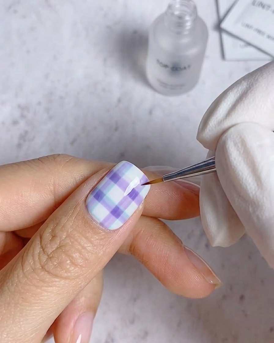 Eine Hand mit fertigen, verzierten Nägeln ruht für die abschließende Aushärtung in einer professionellen UV-Nagellampe.