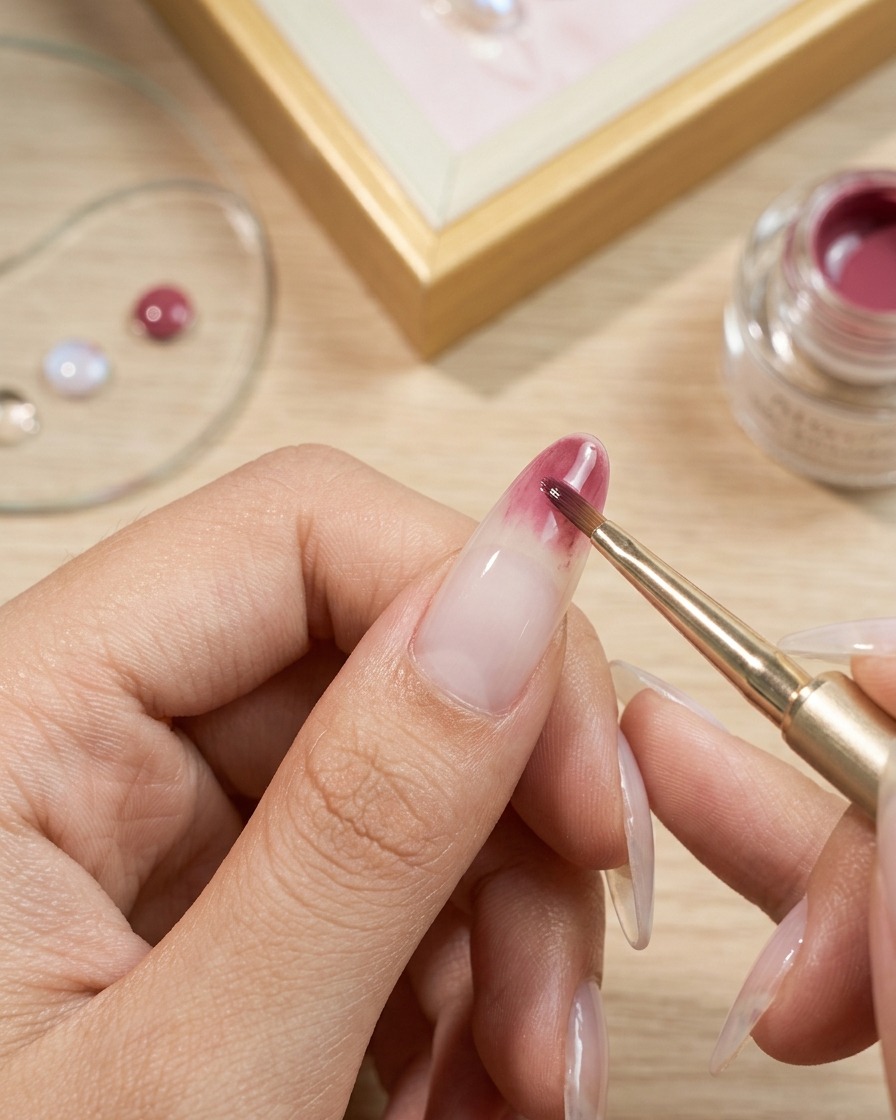 Ein Gelnagelpinsel trägt rosafarbenes Farbgel auf die Nagelspitze auf und verblendet es Richtung Nagelbett.