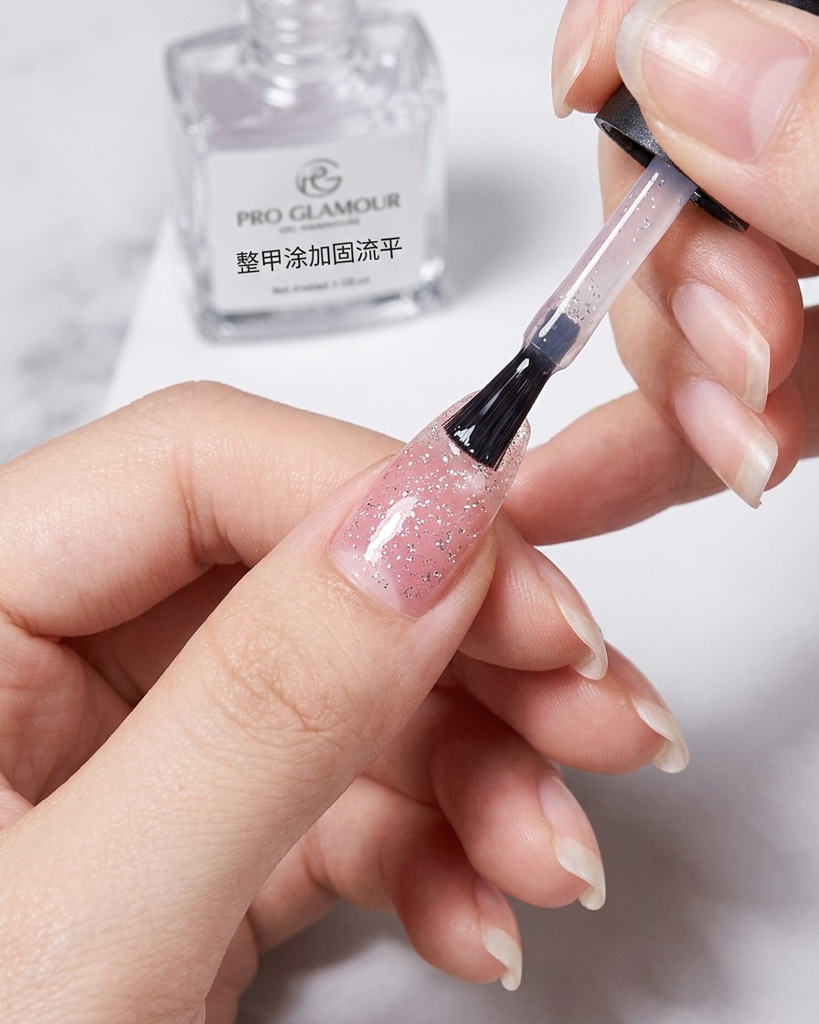 Ein Pinsel trägt klaren Überlack auf das Nageldesign auf, was zu einer glatten, ebenen Oberfläche führt.