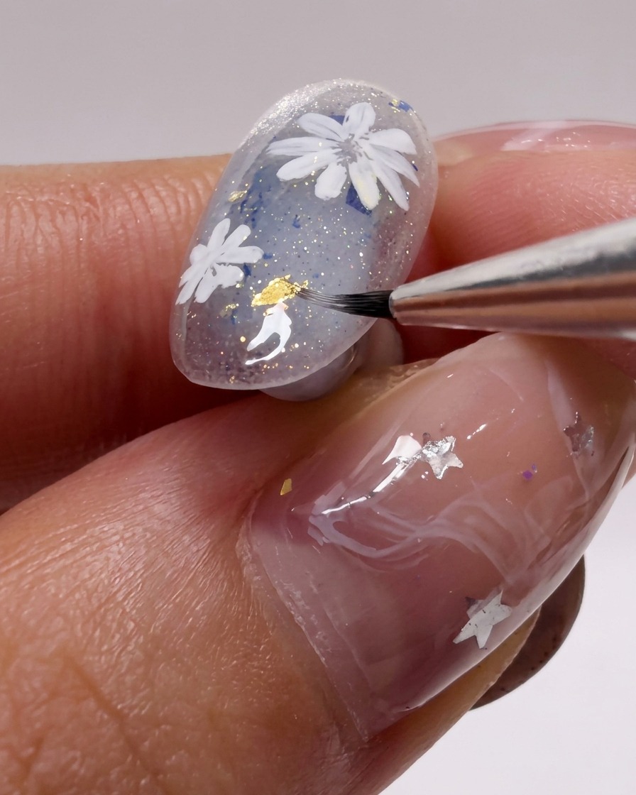 Makroaufnahme eines Pinsels, der feine Details an weißen Gänseblümchen auf einem glitzernden Nagel hinzufügt.