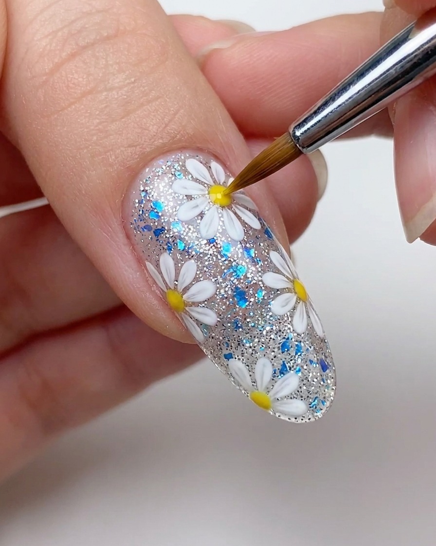 Ein Pinsel setzt einen kleinen gelben Punkt in die Mitte eines weißen Gänseblümchens auf dem Nagel.