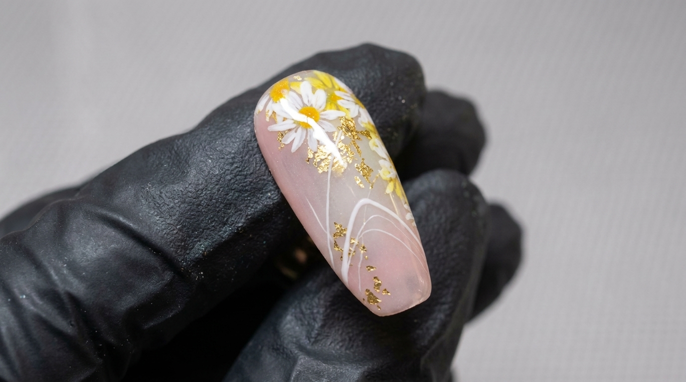 Tutorial für zarte Gänseblümchen-Gel-Nägel mit Blattgold