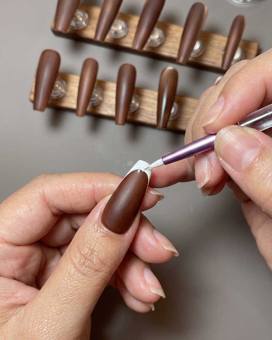 Nahaufnahme eines braunen Nagels, bei dem ein weißer Reverse-French-Tip im Nagelhautbereich sorgfältig umrandet wird.