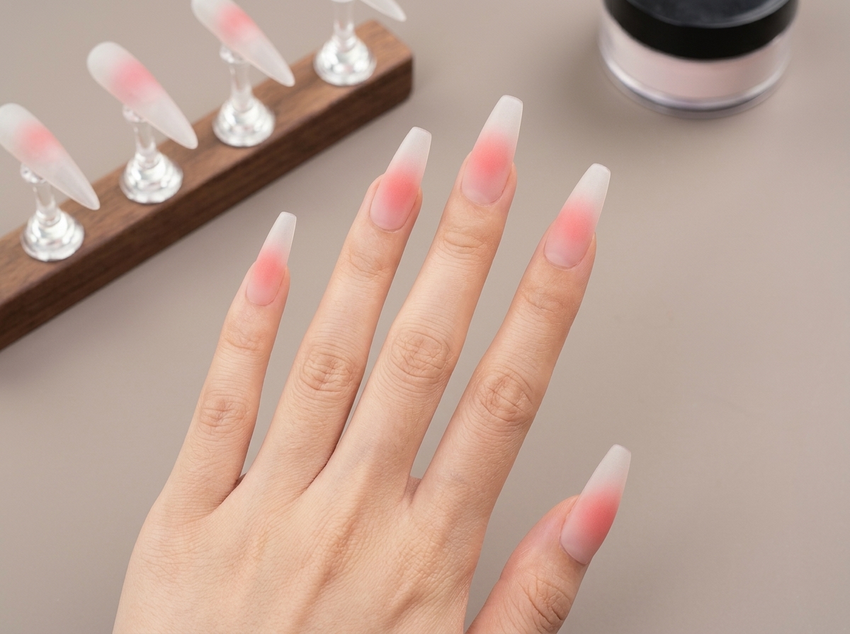 Nahaufnahme von mandelförmigen Nägeln mit einem sanften rosa Gradient-Blush-Effekt an den Spitzen.
