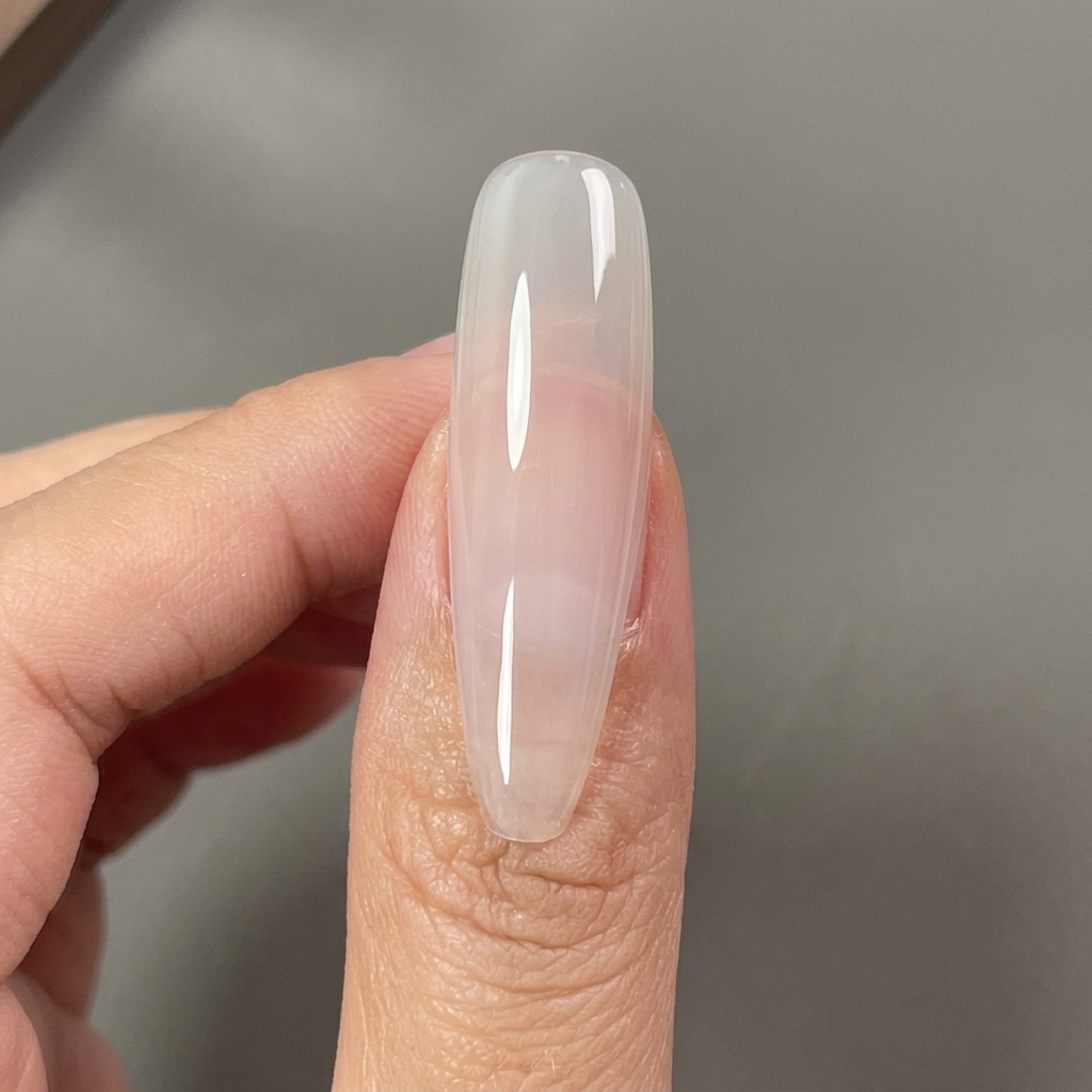 Ein Pinsel trägt einen klaren, glänzenden Top Coat über einen manikürten Nagel auf.