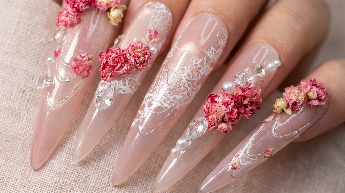 Tiptoe Rose Stiletto-Nägel — Filigrane Spitzen- und Blumen-Anleitung