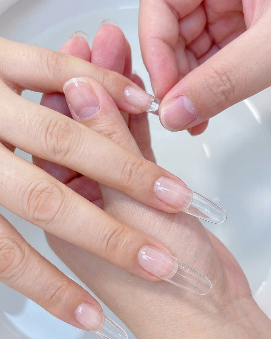 Nahaufnahme einer Hand, die einen klaren, vollflächigen Gel-Nageltip zur Größenbestimmung auf den Naturnagel legt.
