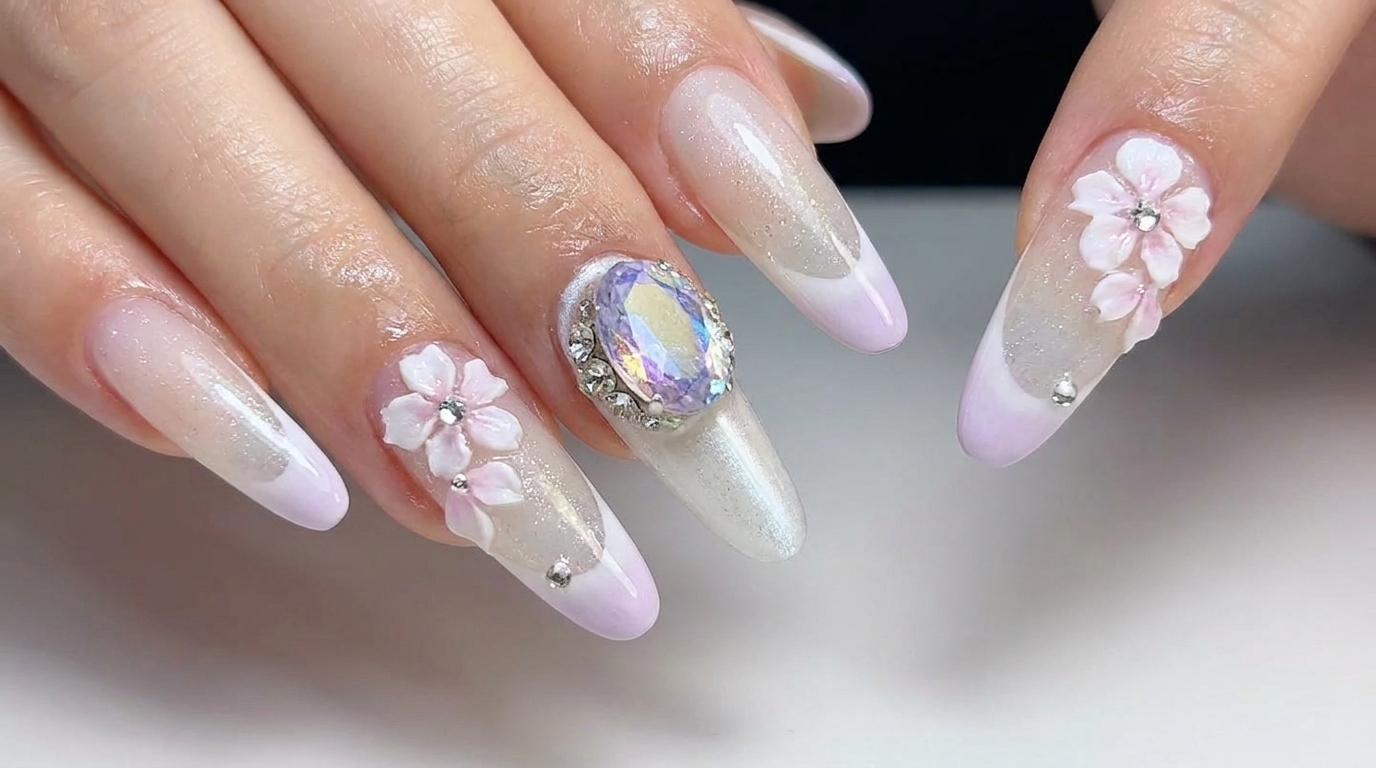 Milchiges violettes Cat-Eye-Ombré mit 3D-Kirschblüten-Design