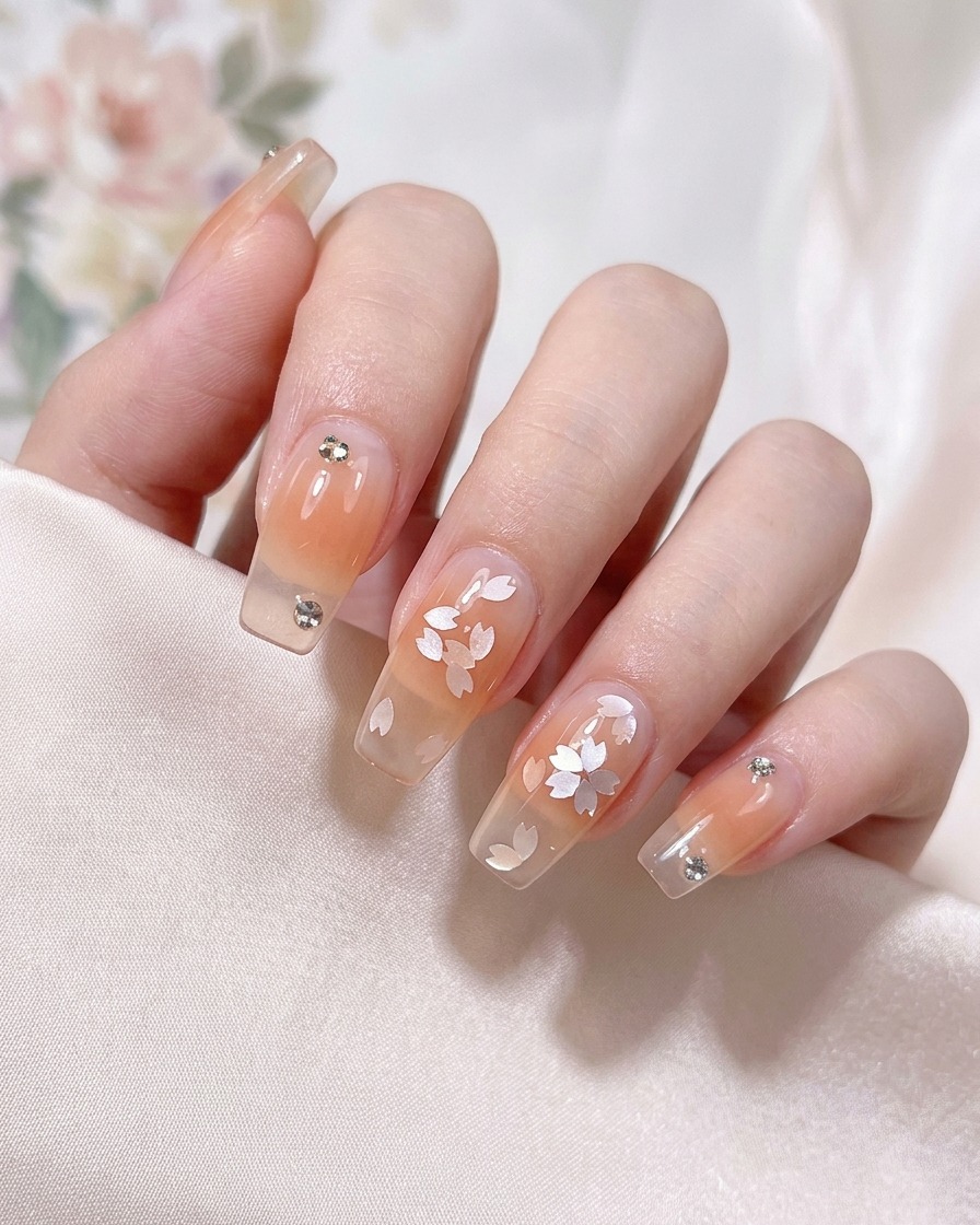 Eine Pinzette platziert eine holografische Sakura-Paillette auf einen Nagel.