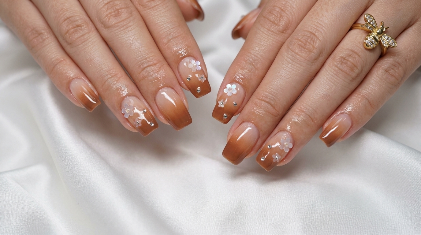Herbstliche Milk Tea Ombré-Nägel mit Sakura-Akzenten — Schritt-für-Schritt-Anleitung