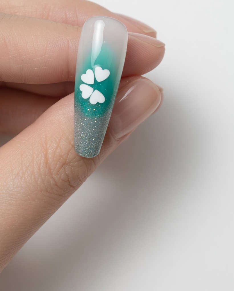 Nahaufnahme eines Nagels, der das komplette Pailletten-Blumendesign zeigt, bereit für die Aushärtung unter der Lampe.