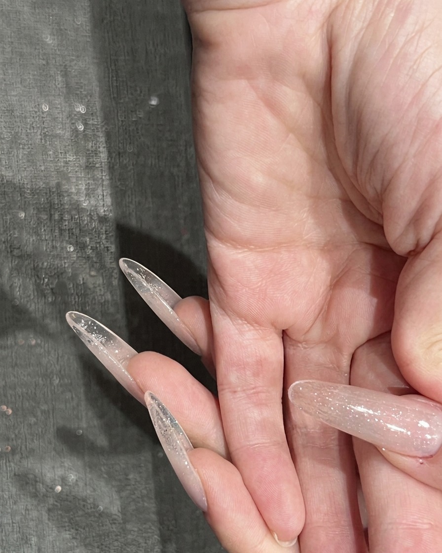 Ein Pinsel trägt eine letzte glänzende Schicht Überlack über ein fertiges Nageldesign mit Sternen und Edelsteinen auf.