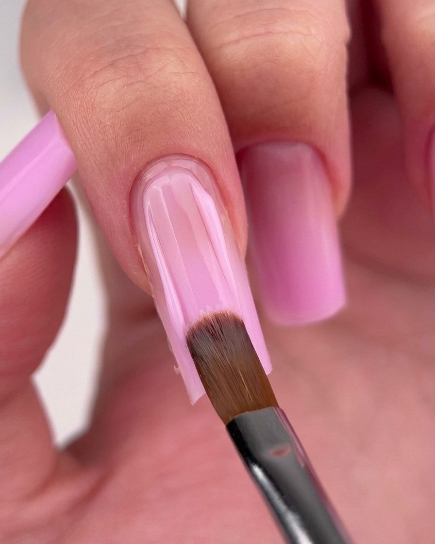 Ein Nagelpinsel trägt rosa Gel-Nagellack auf die untere Hälfte eines Fingernagels auf.