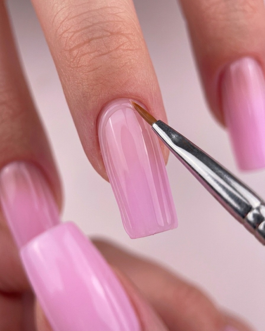 Nahaufnahme eines feinen Detailpinsels, der klaren, glänzenden Top Coat entlang der Nagelhaut eines quadratischen rosa Gelnagels aufträgt.