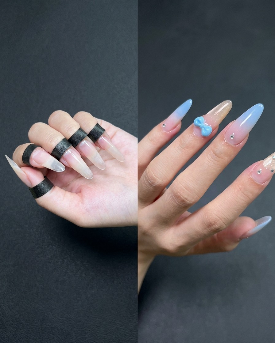 Ein flacher Gelpinsel trägt ein durchscheinendes Nude-Gel auf die Nageloberfläche eines Zeigefingers auf.
