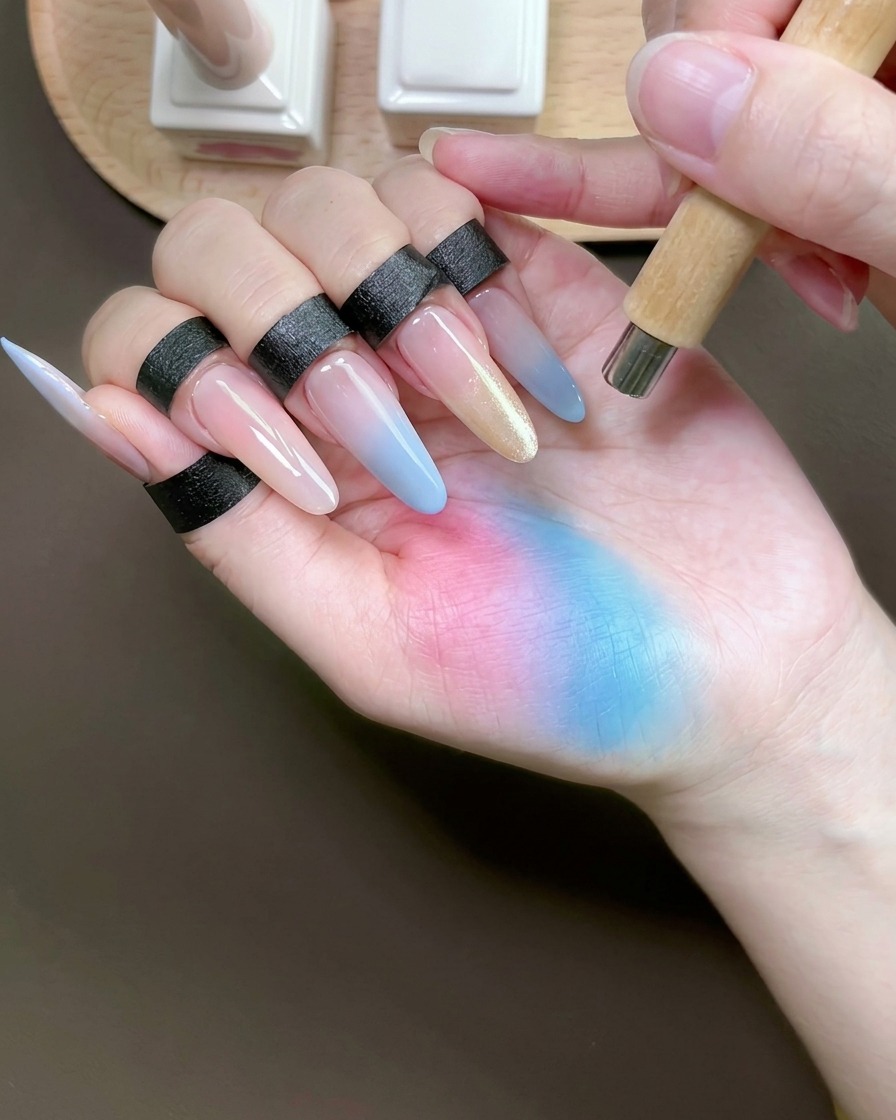 Ein zylindrischer Magnet wird diagonal über den Ringfingernagel gehalten, um eine definierte Cat-Eye-Schimmerlinie zu erzeugen.