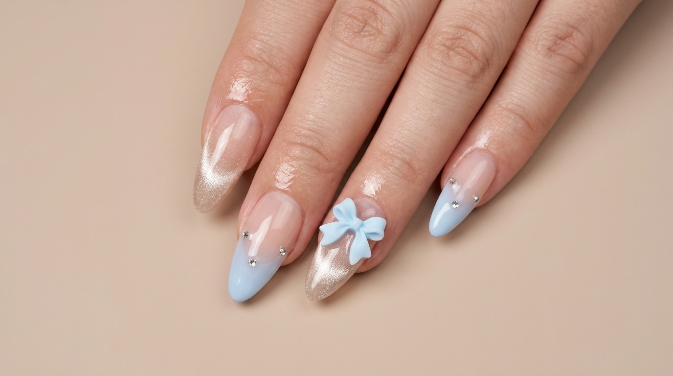 Blaue Cat-Eye Ombré-Nägel mit 3D-Schleifen — Schritt-für-Schritt Anleitung