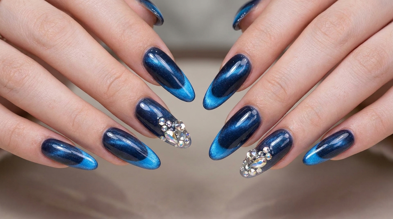 Nachtblaue Cat-Eye French Nails — Elegantes Nageldesign Tutorial