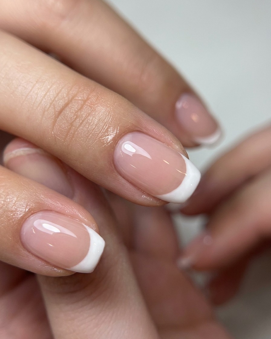 Nahaufnahme eines Nagelhautschiebers aus Metall, der die Nagelhaut auf einem Naturnagel sanft zurückschiebt.