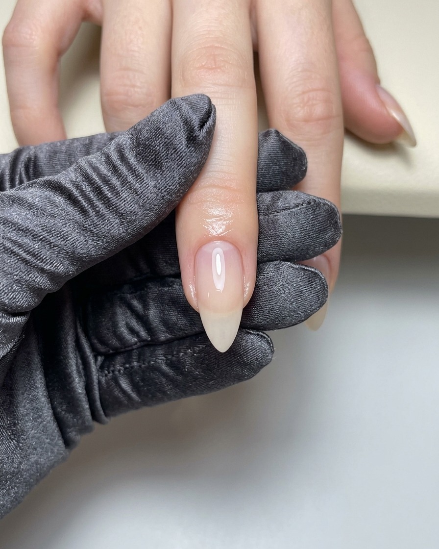 Ein Pinsel trägt klares Aufbaugel auf die Mitte des Naturnagels auf.