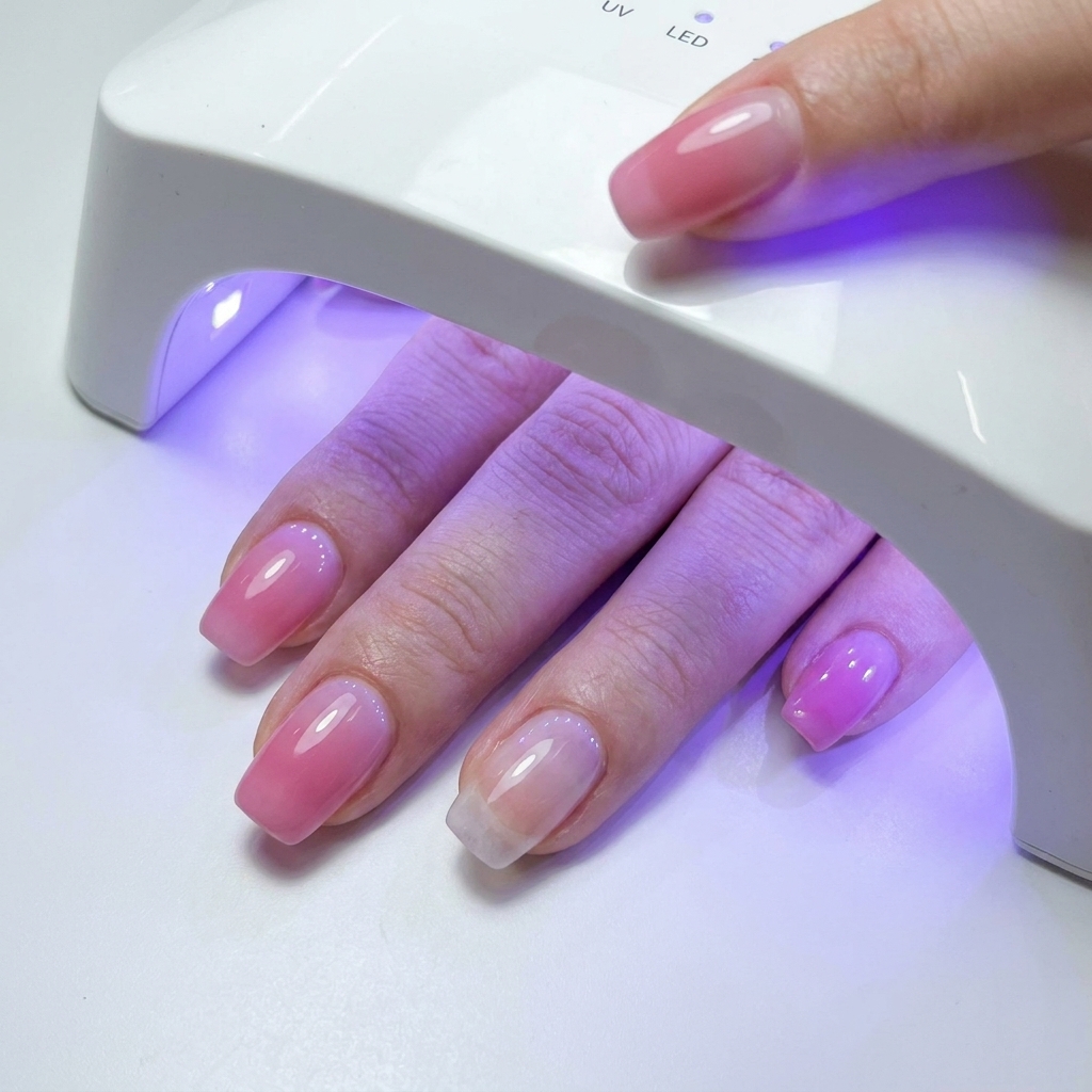 Eine Hand mit mit Gel überzogenen Nägeln liegt in einer weißen UV/LED-Nagellampe, wobei blaues Licht die Finger beleuchtet.