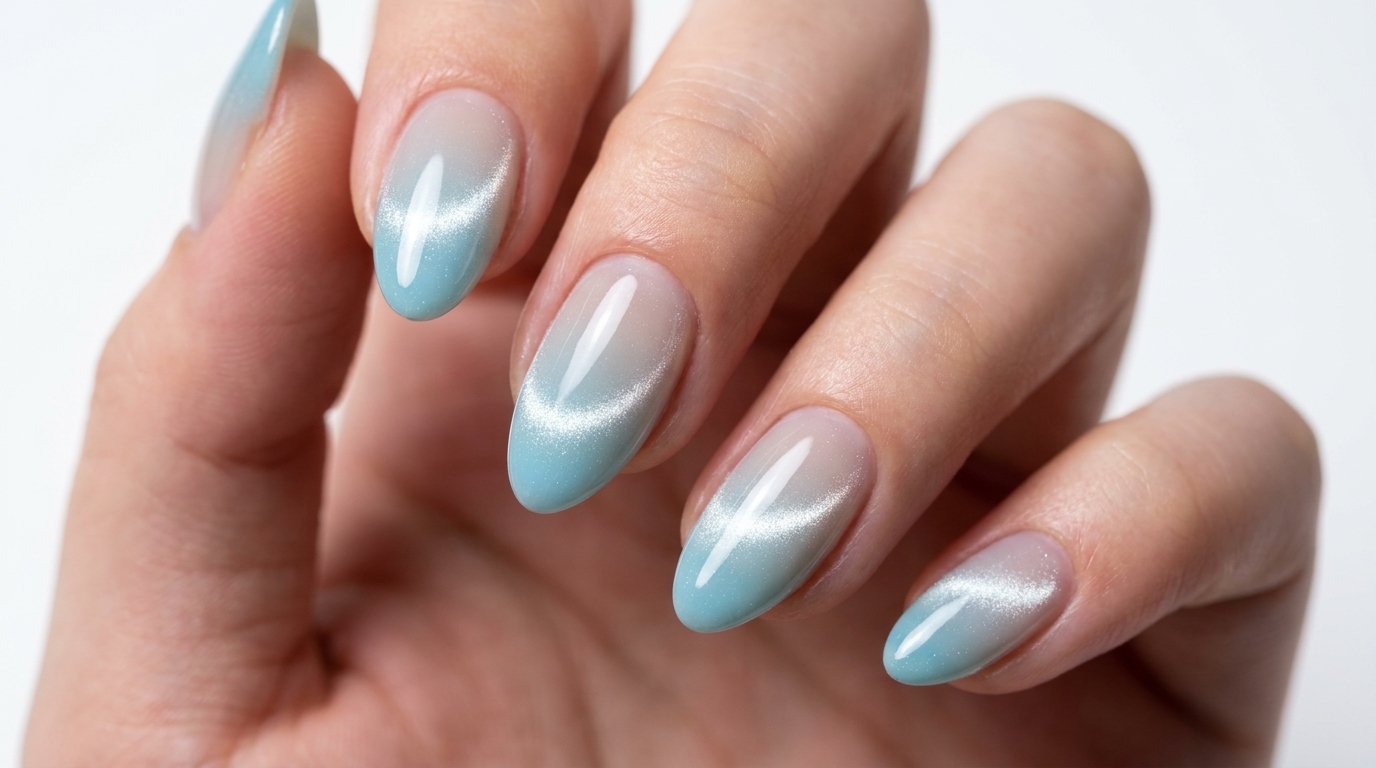 Elegante mandelförmige Nägel mit einem sanften Farbverlauf von Blau zu Nude und einem glänzenden, seitlich beleuchteten Cat-Eye-Schimmer.