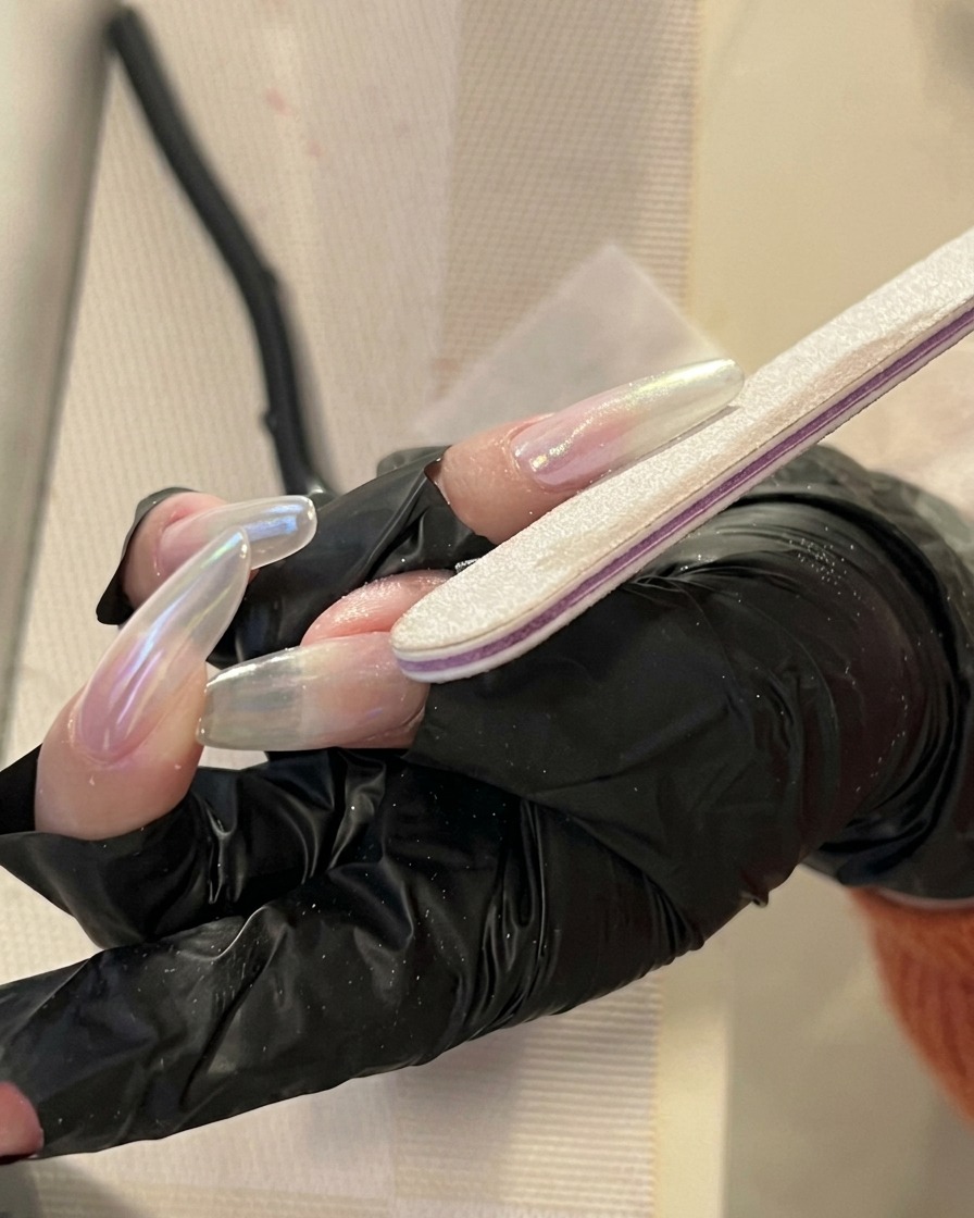 Ein Gelnagelpinsel trägt klares Aufbaugel auf die Mitte eines langen, mandelförmigen Nagels auf, um eine glatte Struktur zu erzeugen.