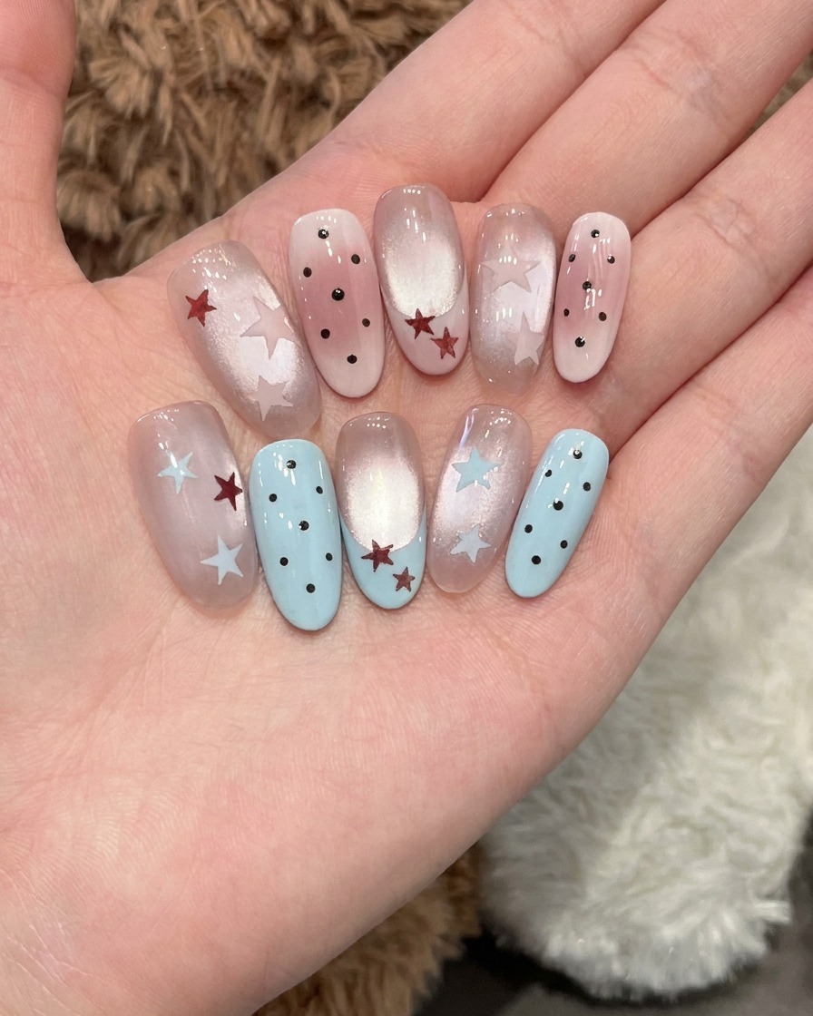 Ein Nagel mit einer milchigen Basisschicht und einem sauber gemalten rosa French Tip auf dem Mittelfinger.