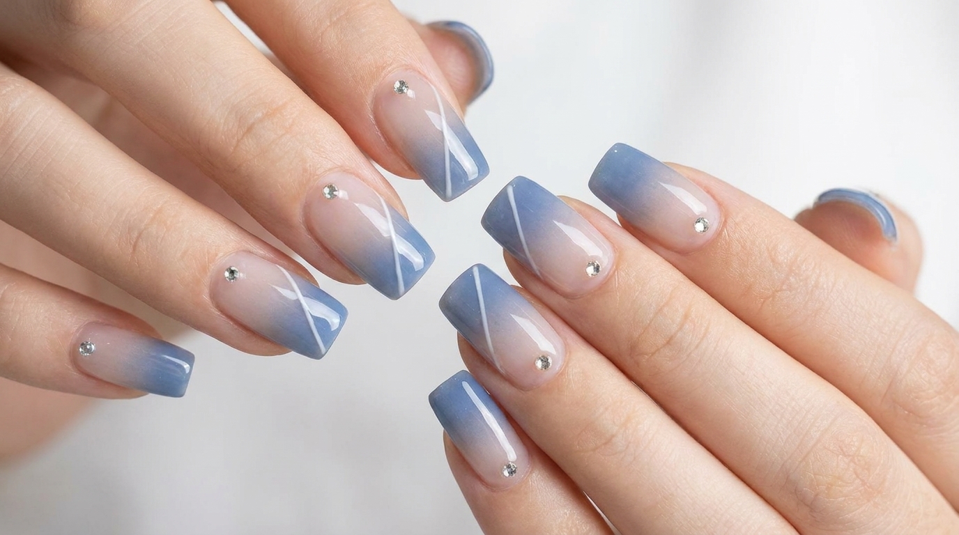 Blaue Ombré-Gel-Nägel mit Strasssteinen — Schritt-für-Schritt Anleitung