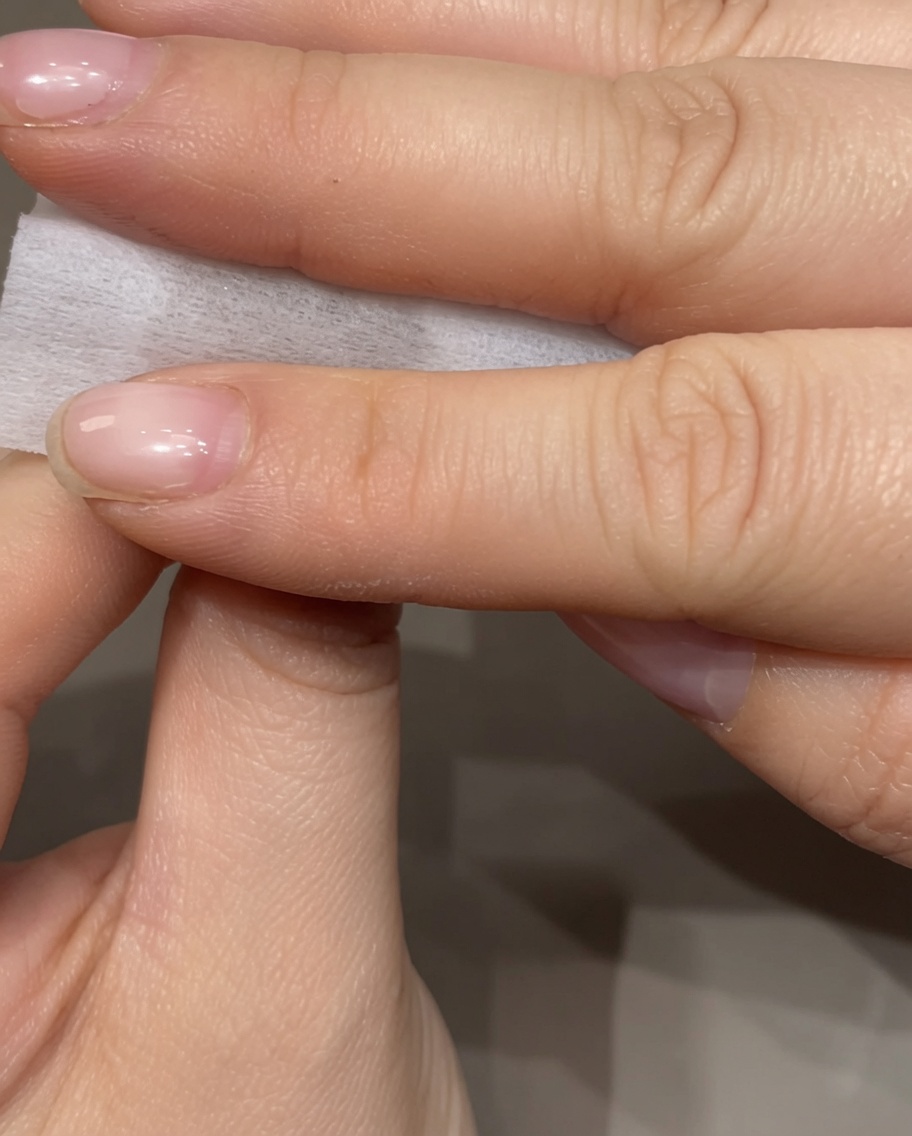 Finger halten ein fusselfreies Tuch und wischen sanft über die Oberfläche eines manikürten Naturnagels, um Gelrückstände zu entfernen.