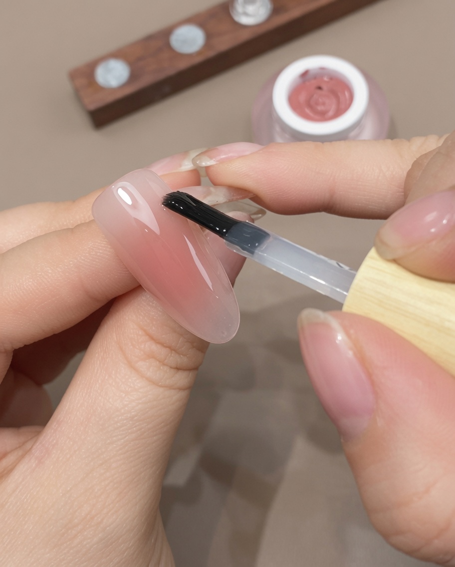 Ein Pinsel trägt eine letzte Schicht Top Coat auf einen fertigen Ombré-Nagel auf.