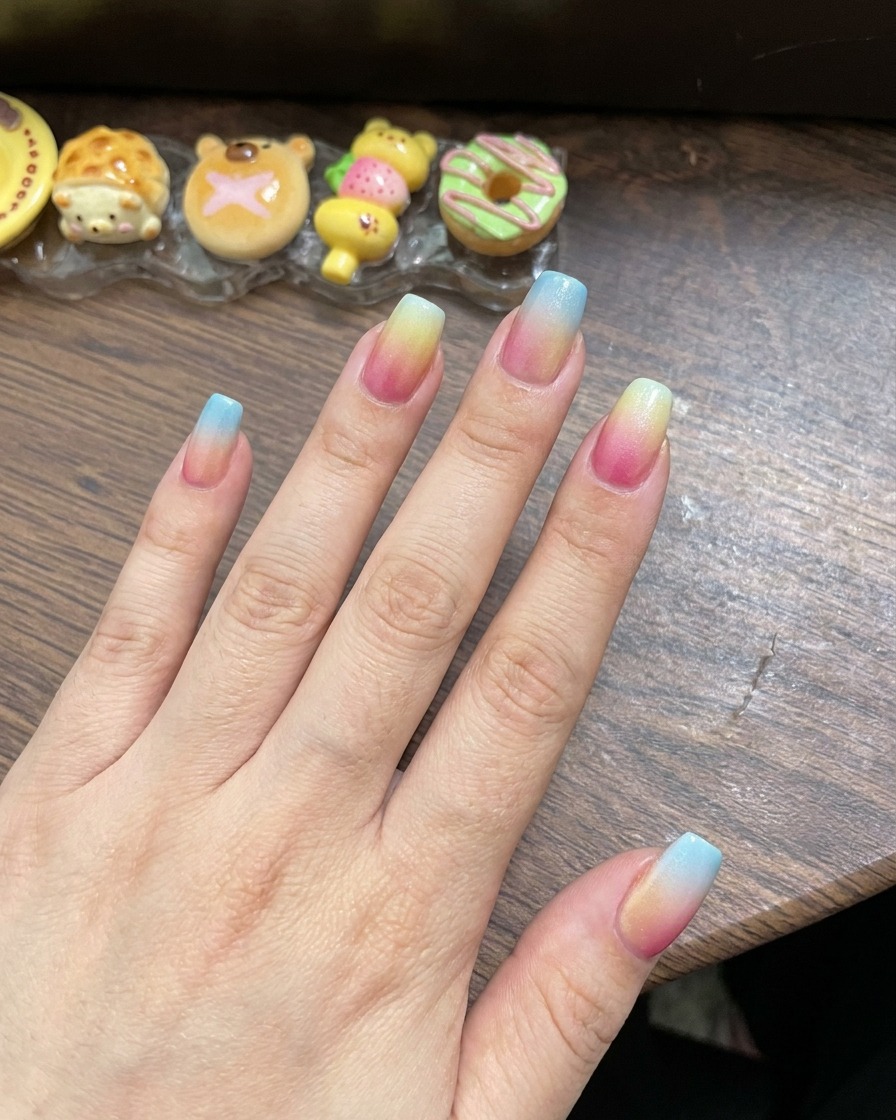 Ein Finger in einer UV-Nagellampe, um das frisch verblendete Gradient-Gel-Design auszuhärten.