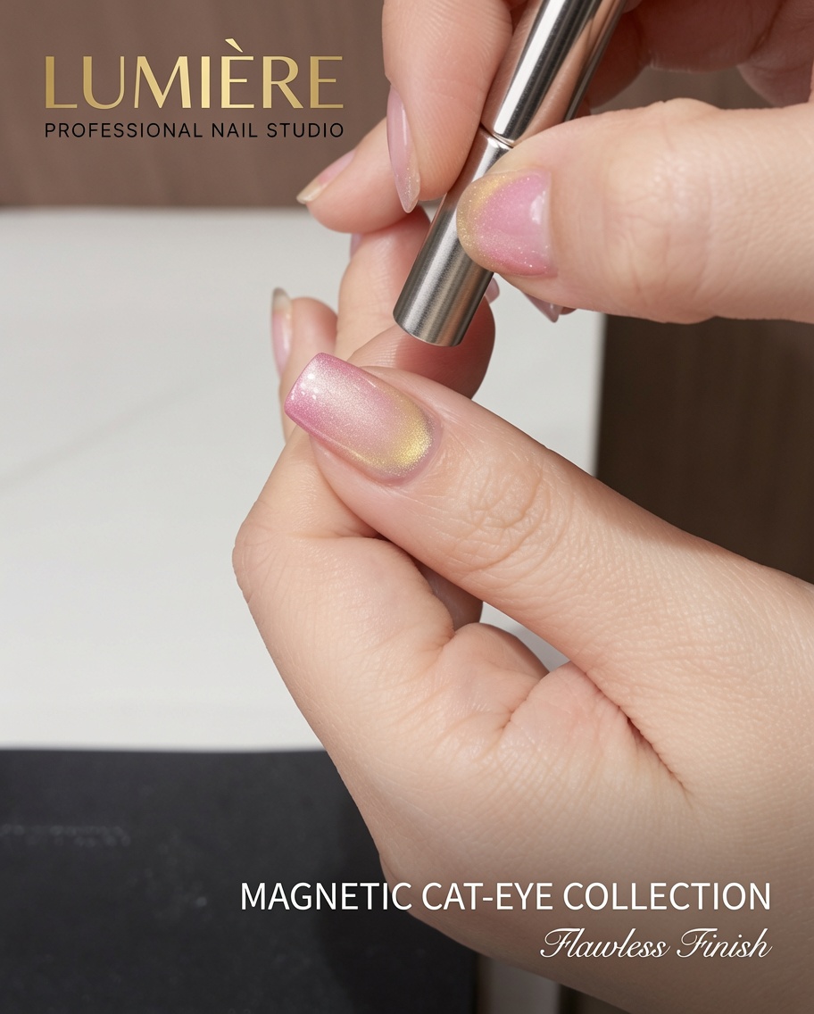 Nahaufnahme eines magnetischen Nagelwerkzeugs, das an der Seite eines pink-gelben Ombré-Nagels positioniert wird, um ein Cat-Eye-Highlight zu formen.