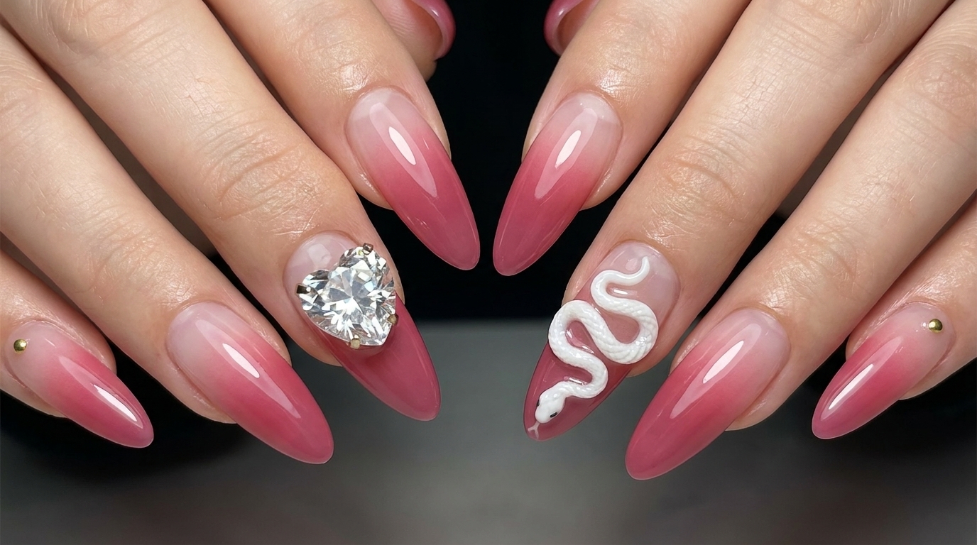 Rosa Ombré-Nägel mit 3D Schlange & Kristall-Design