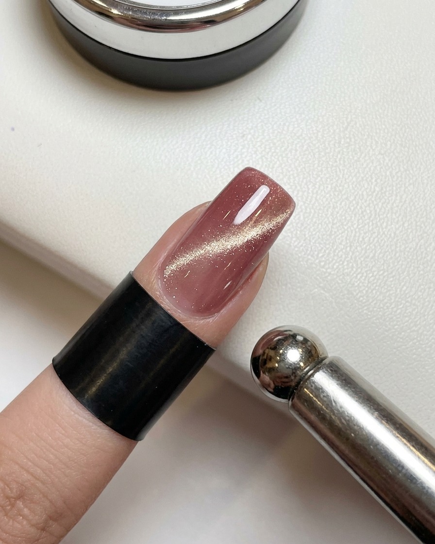 Nahaufnahme eines Fingers mit nassem, altrosafarbenem Cat-Eye-Lack. Ein zylindrischer Metallmagnet wird nahe an die Seite des Nagels gehalten, um einen breiten Goldschimmer-Effekt zu erzeugen.