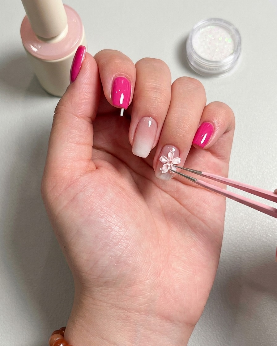 Eine Pinzette platziert vorsichtig ein weißes 3D-Blumen-Charm auf dem Ringfinger.