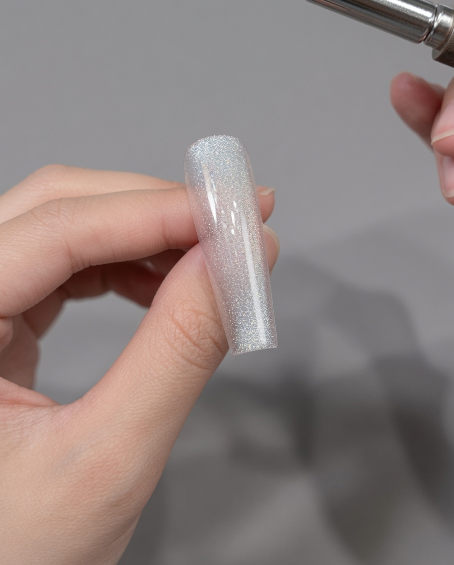 Ein Magnet wird über einen Nagel gehalten, um die Partikel des Cat-Eye-Gels zu einem hellen Highlight zu formen.
