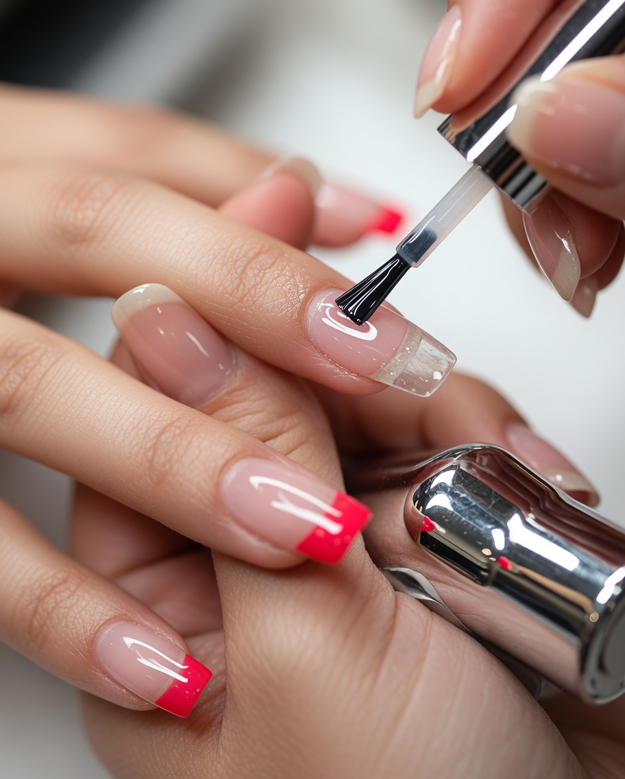 Ein Pinsel trägt einen klaren Gel-Base Coat auf die Oberfläche eines Naturnagels auf.