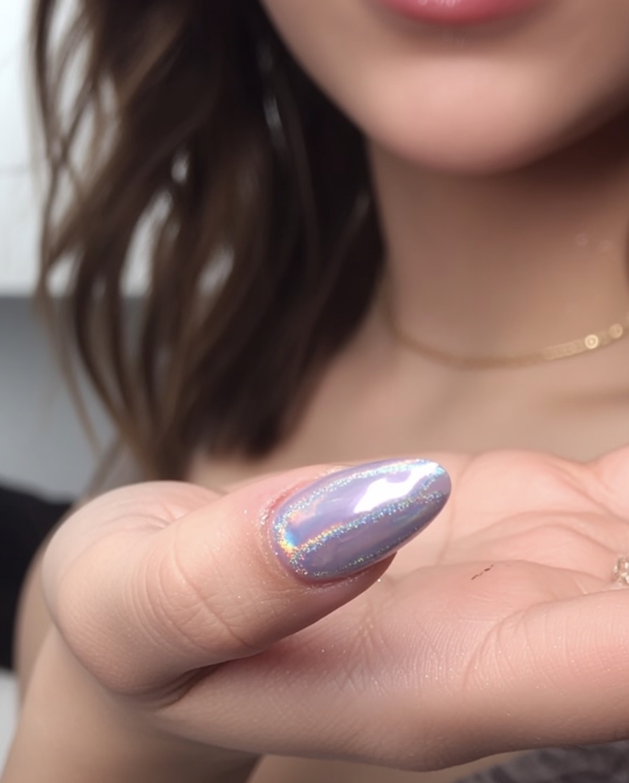 Nahaufnahme einer weichen Bürste, die überschüssiges Metall-Puder von einem verchromten Nagel entfernt.
