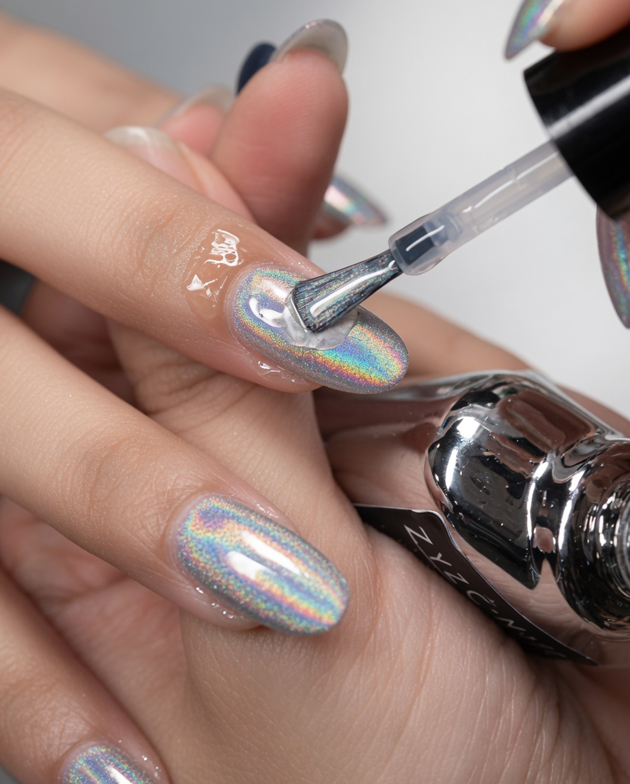 Ein Pinsel trägt einen klaren, glänzenden Top Coat auf einen metallischen Chrome-Nagel auf.