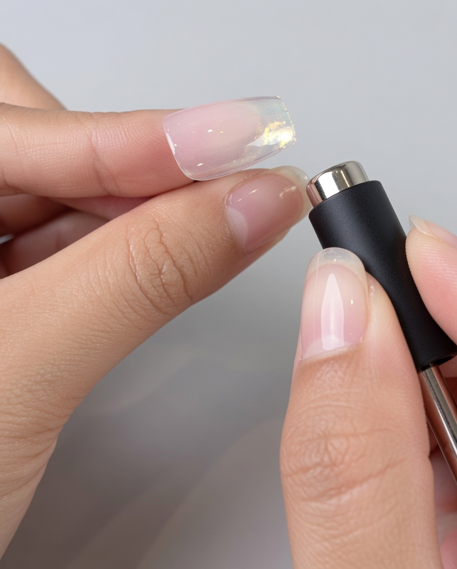 Ein Magnetwerkzeug wird in der Nähe eines mit Gel bemalten Nagels gehalten, um Partikel zu verschieben.